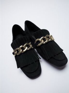 Zara Black Suede Loafers with Gold Chain Fringe